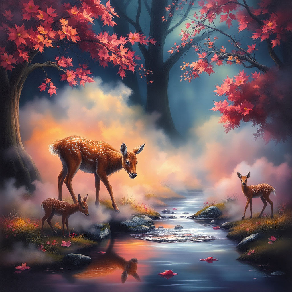 Fawns drinking from stream