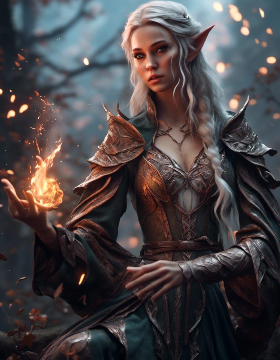 Elven Sorceress Casting Magic in Gritty Fantasy Style