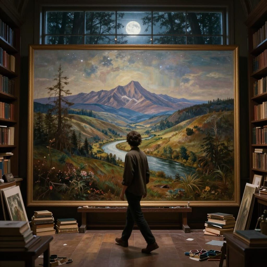 Artist Enters Vast Landscape Painting in Ethereal Study