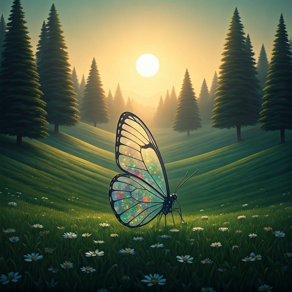 Surreal Butterfly Reclines in Enchanted Meadow Landscape