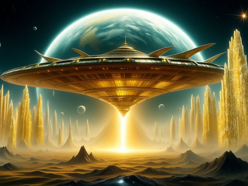 A Alien spaceship is landing on A  white and yellow gittering glass planet
