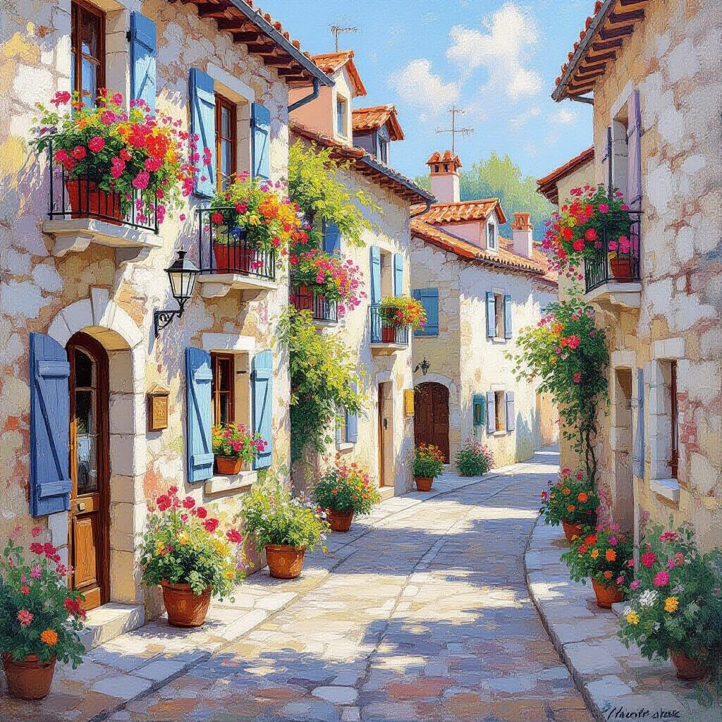 Impressionist Morning Light on European Street with Flower B...