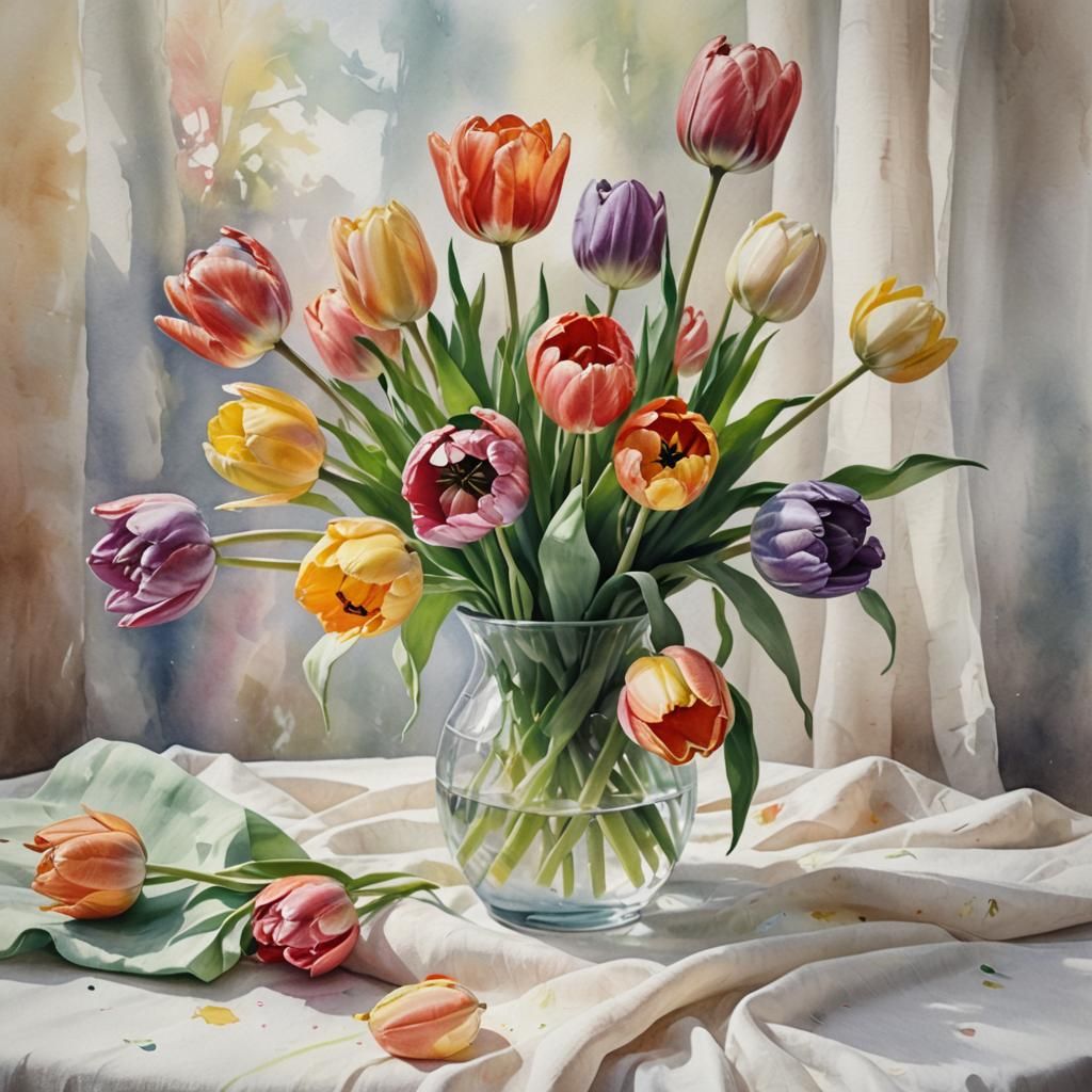 Different colored tulips in a clear vase in the style of watercolor   by @Erin