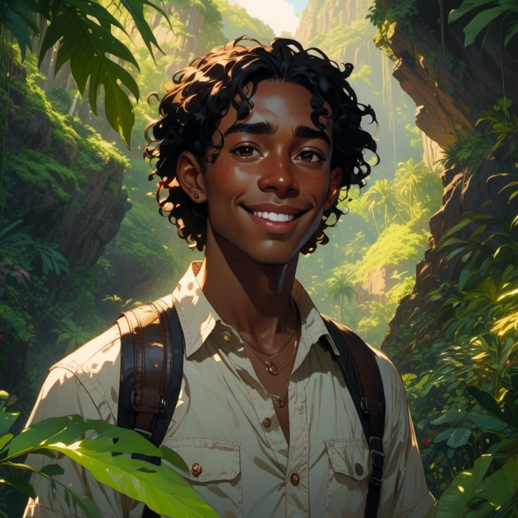 <lora:SparkleMix:1.0> elven man, dark skin, coily black hair, brown eyes, smiling, rule of thirds, adventurer backpack jungle morning subtr...