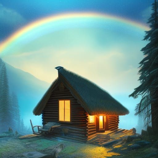 Cozy cabin in a Mountain range in front of rainbow at night ...