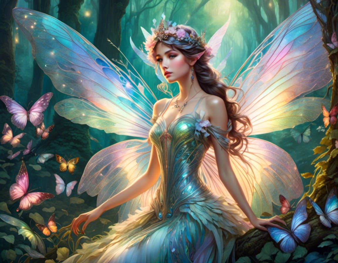 <lora:Glowy painting:1.0> Insanely detailed gorgeous fairy with magical glowing wings in a forest , stylized, iridescent, fantasy, intricate...