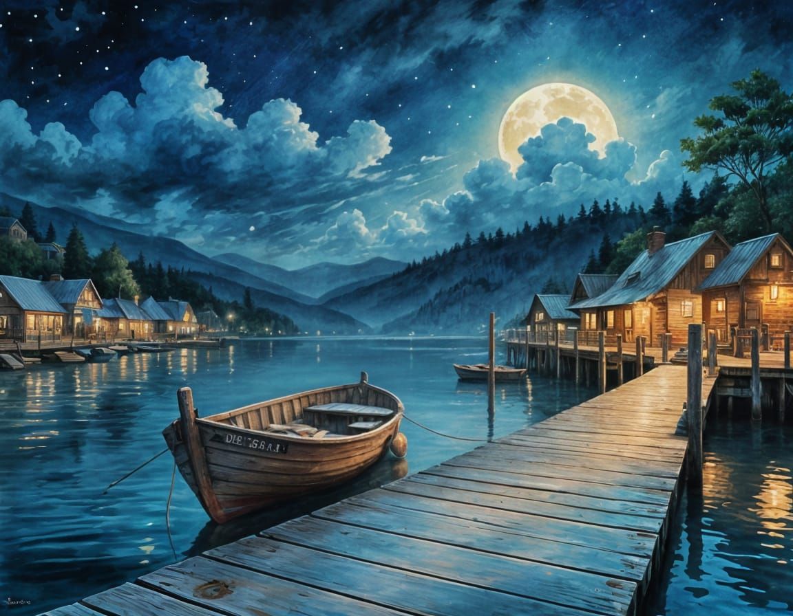 Dreamy Seaside Village Scene in Moonlit Digital Art