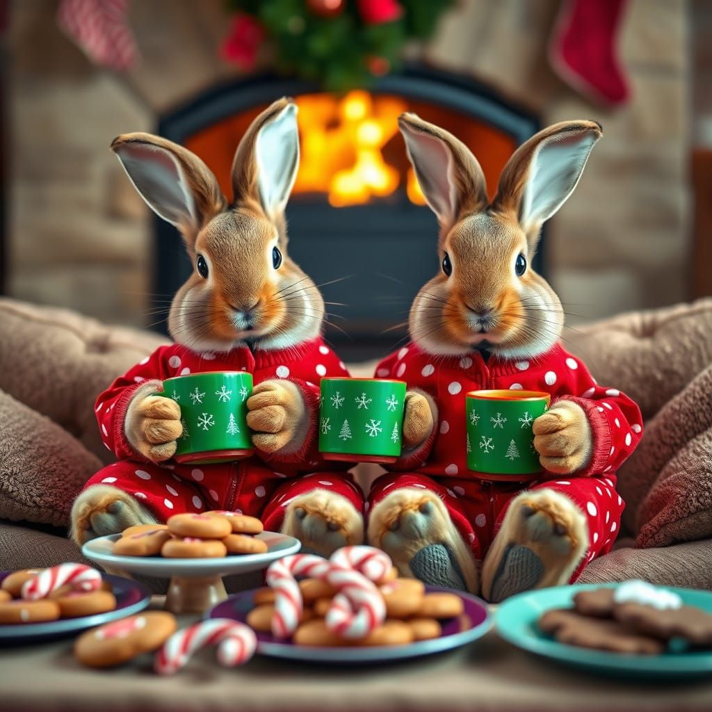 Cozy Christmas Rabbits by the Fireplace