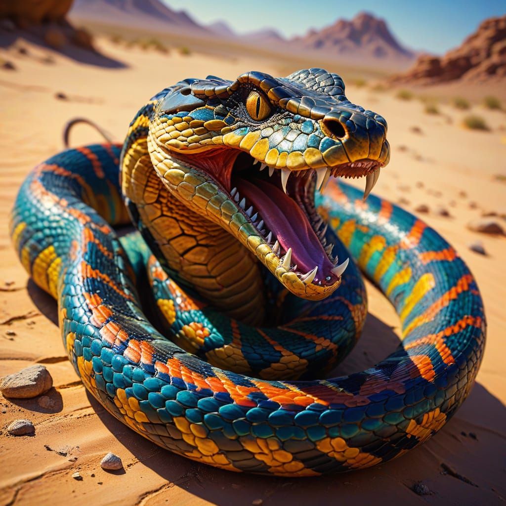 Viper Snake Lunging to Strike in Vibrant Oil Painting