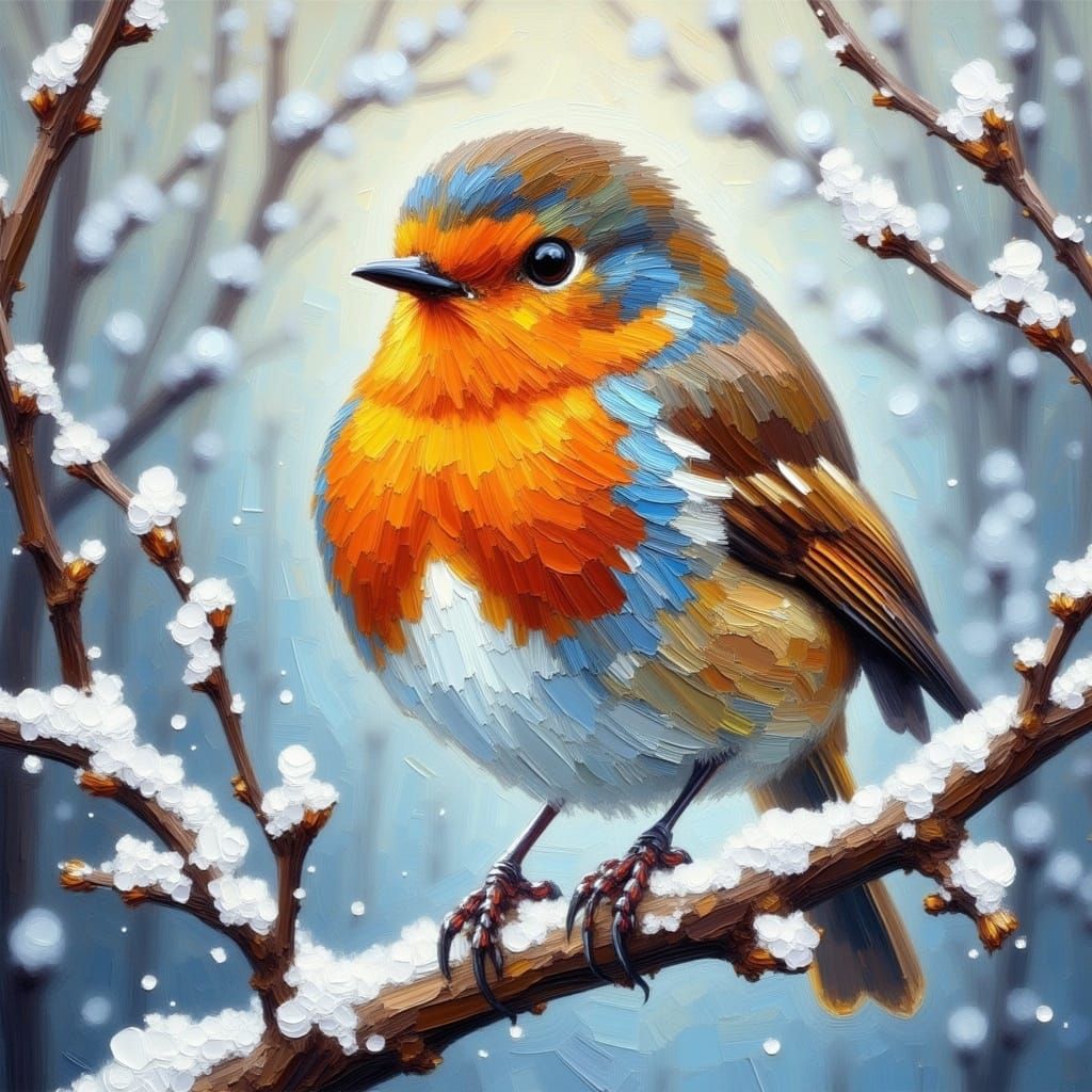 <lora:Oil:1.0> Impasto. Portrait beautiful robin perched on a snowy branch. Backlit. Style of Michael Garmash 