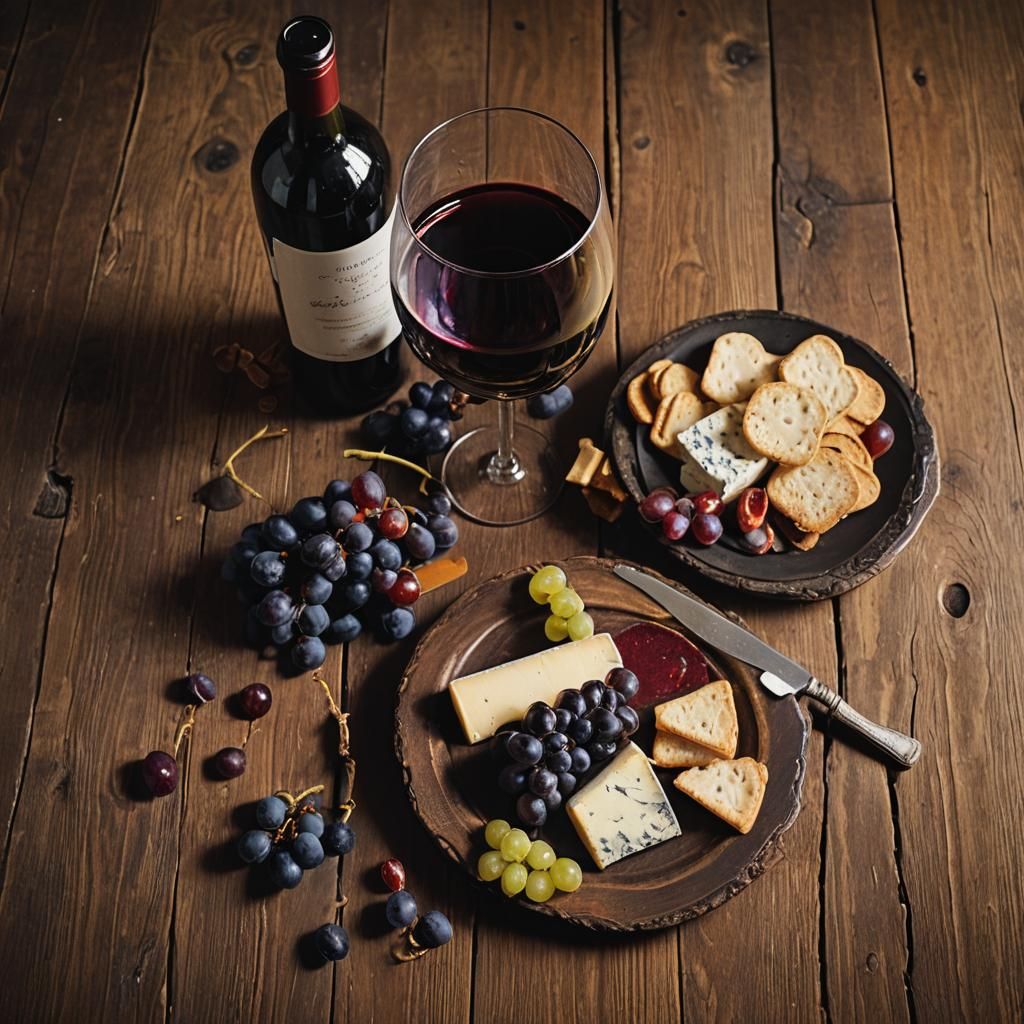 Red Wine and Cheese Pairing: A close-up shot of a glass of red wine beside a plate of cheese, grapes, and crackers. The warm glow of the win...