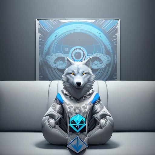 wolf on couch blue white and grey