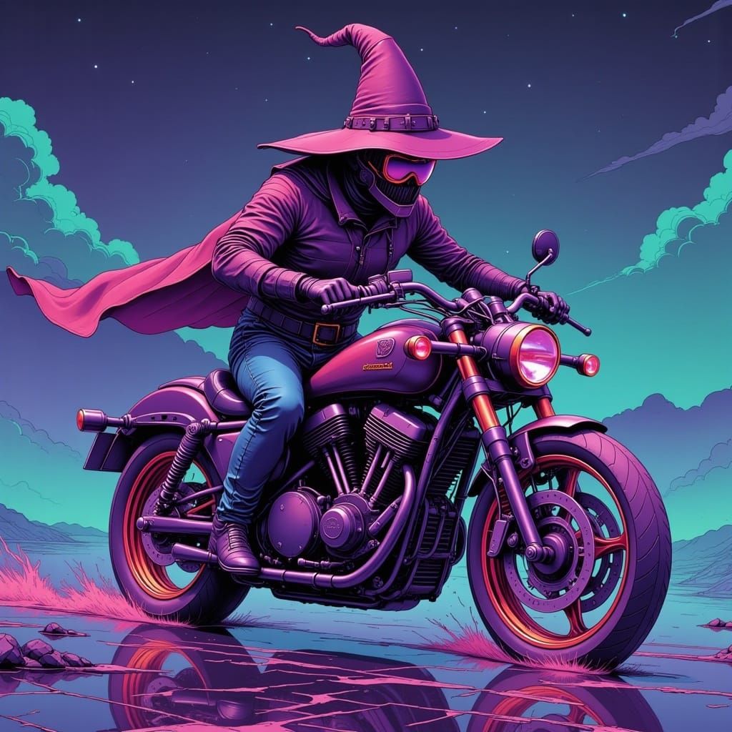 A wizard riding a futuristic motorcycle. <lora:Nebula Nectar:1.0> Ultraviolet, Gradient Viridian & Vermilion