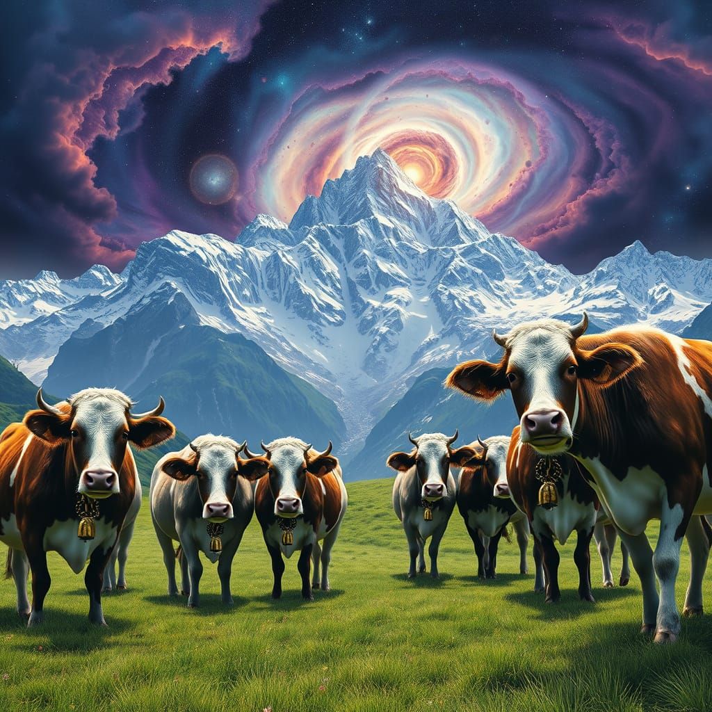A herd of cows with ornate, bell-adorned collars grazing peacefully in a lush green meadow at the foot of towering, snow-dusted Swiss Alps. ...