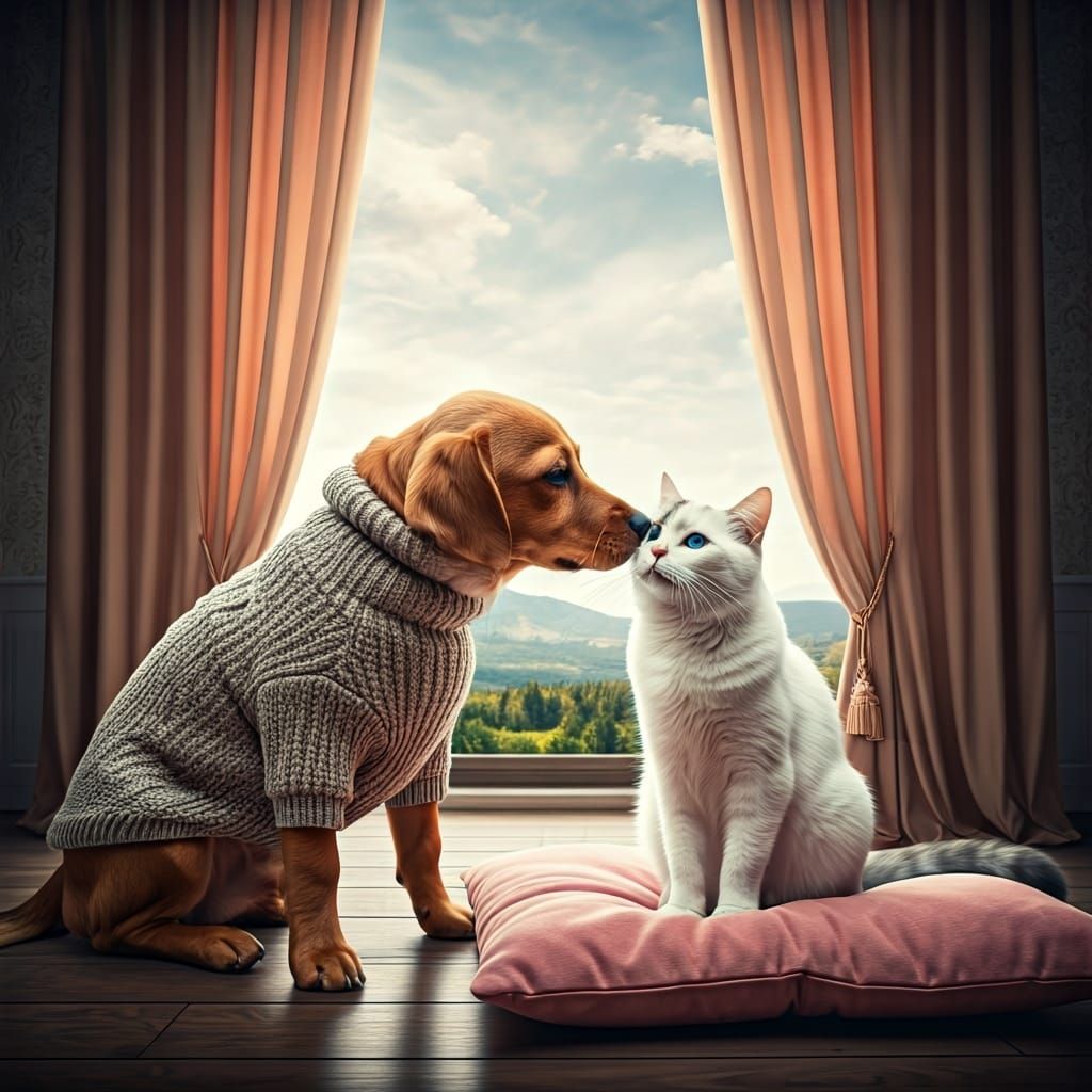 Dog Kisses Cat in Luxurious House