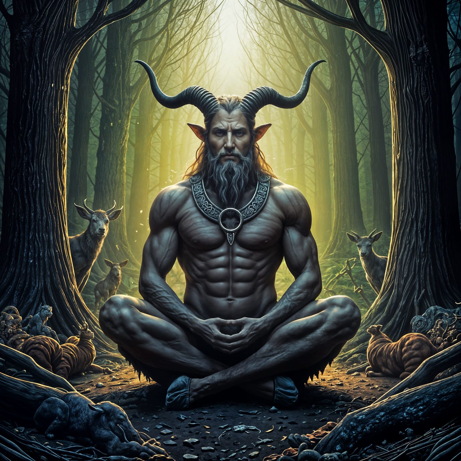 Cernunnos a horned deity sitting cross-legged and surrounded by animals, and he often wears ...  by @Lilit