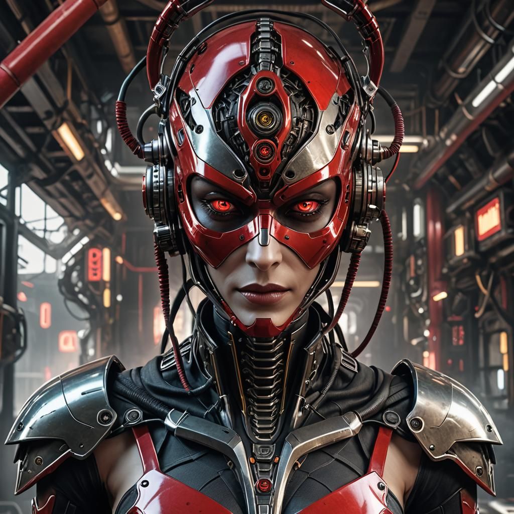 alien cyber girl with a cruel smile wearing a mechanical red mask ...