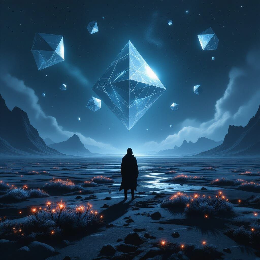 A lone figure stands on a desolate, obsidian plain, gazing up at a sky filled with impossibly large, geometric celestial bodies that defy gr...