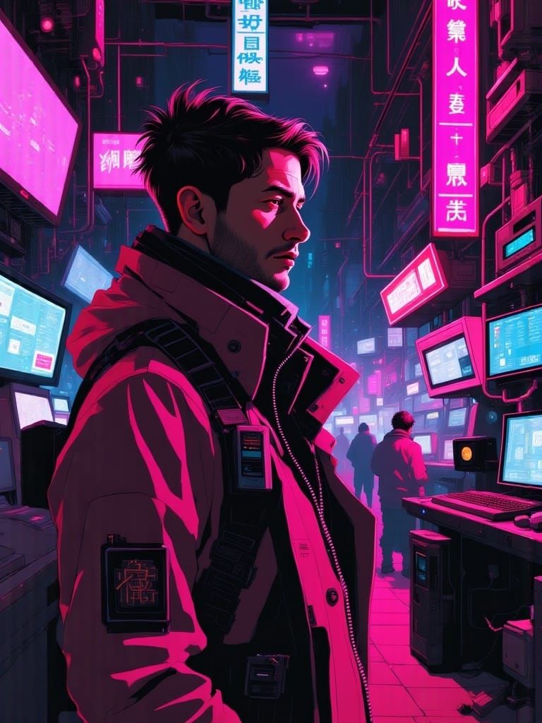 futuristic cyberpunk illustration by <lora:CyberCoreFlux:1.0> depicting dark-haired eccentric swedish inventor standing near back alley high...