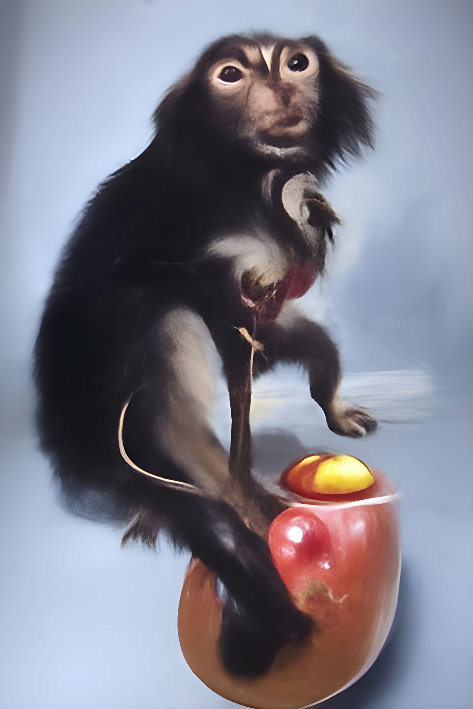 A monkey sitting on an apple oil painting by James Gurney
