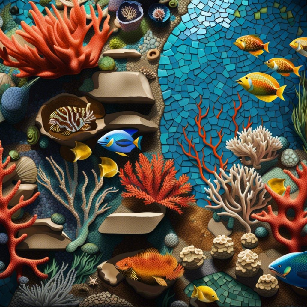 mosaics marine life, coral reefs, and underwater scenes