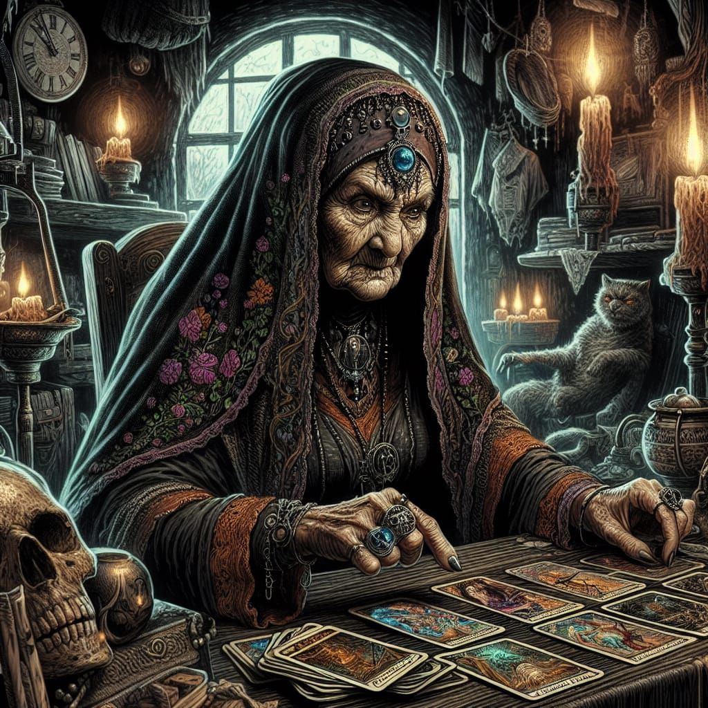 An old witch at work, reading tarot  by @undefined