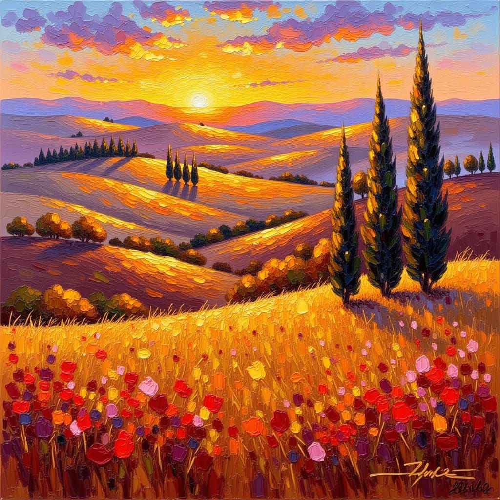 <lora:Impression Impasto:1.0> Autumn sunrise over the rolling hills of Tuscany, Italy — vineyards in gold and crimson, cypress silhouettes, ...
