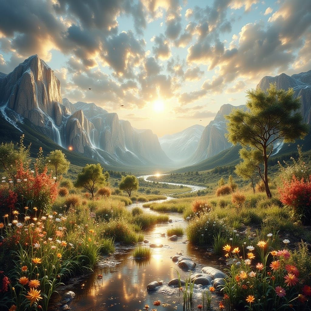 The awakening of a new world, transformation of a grey dark featureless plain into a symphony of color, lush green vegetation, blossoming fl...