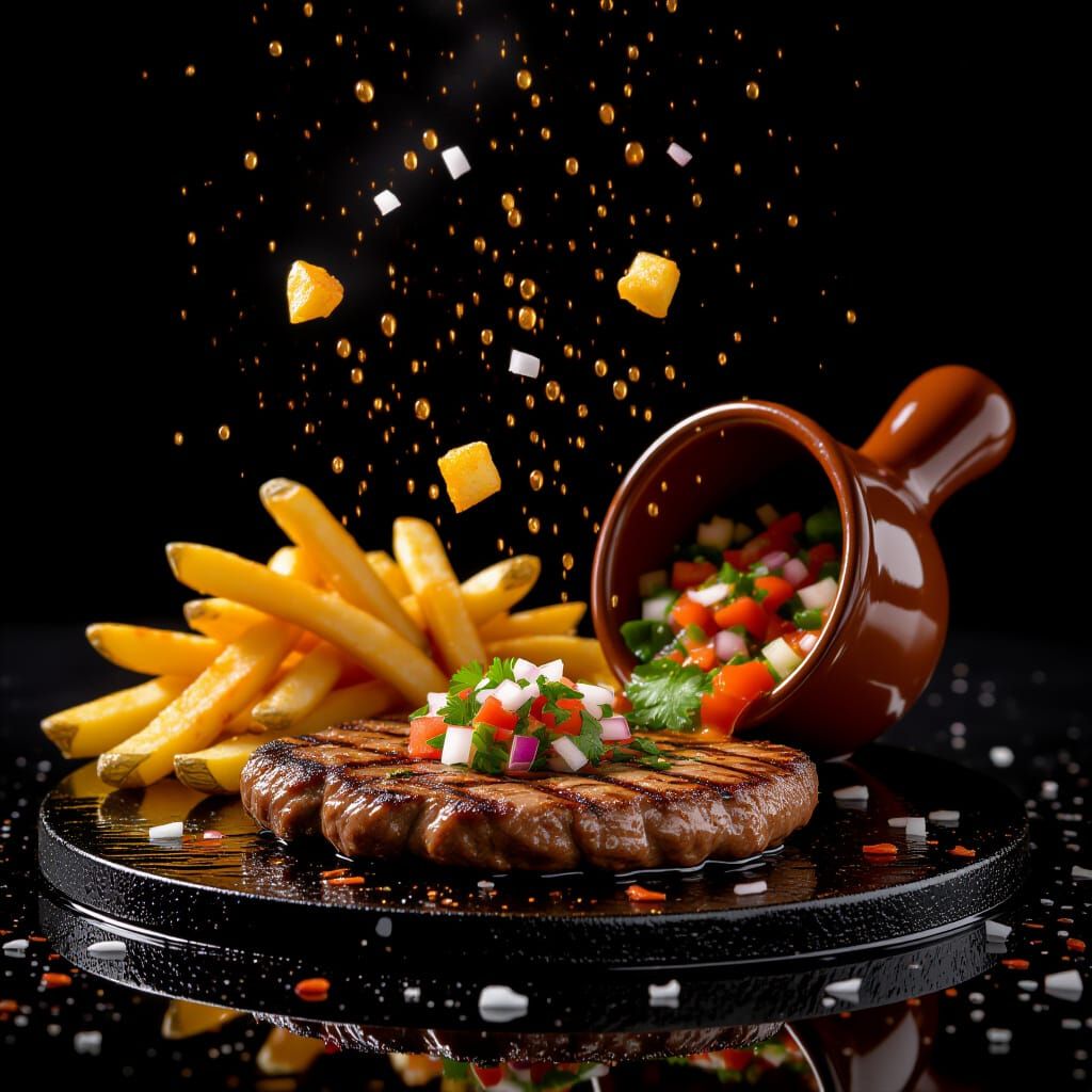 Create an image of a churrasco on a hot griddle, with the boiling oil seen as tiny droplets jumping from the heat of the griddle, set agains...