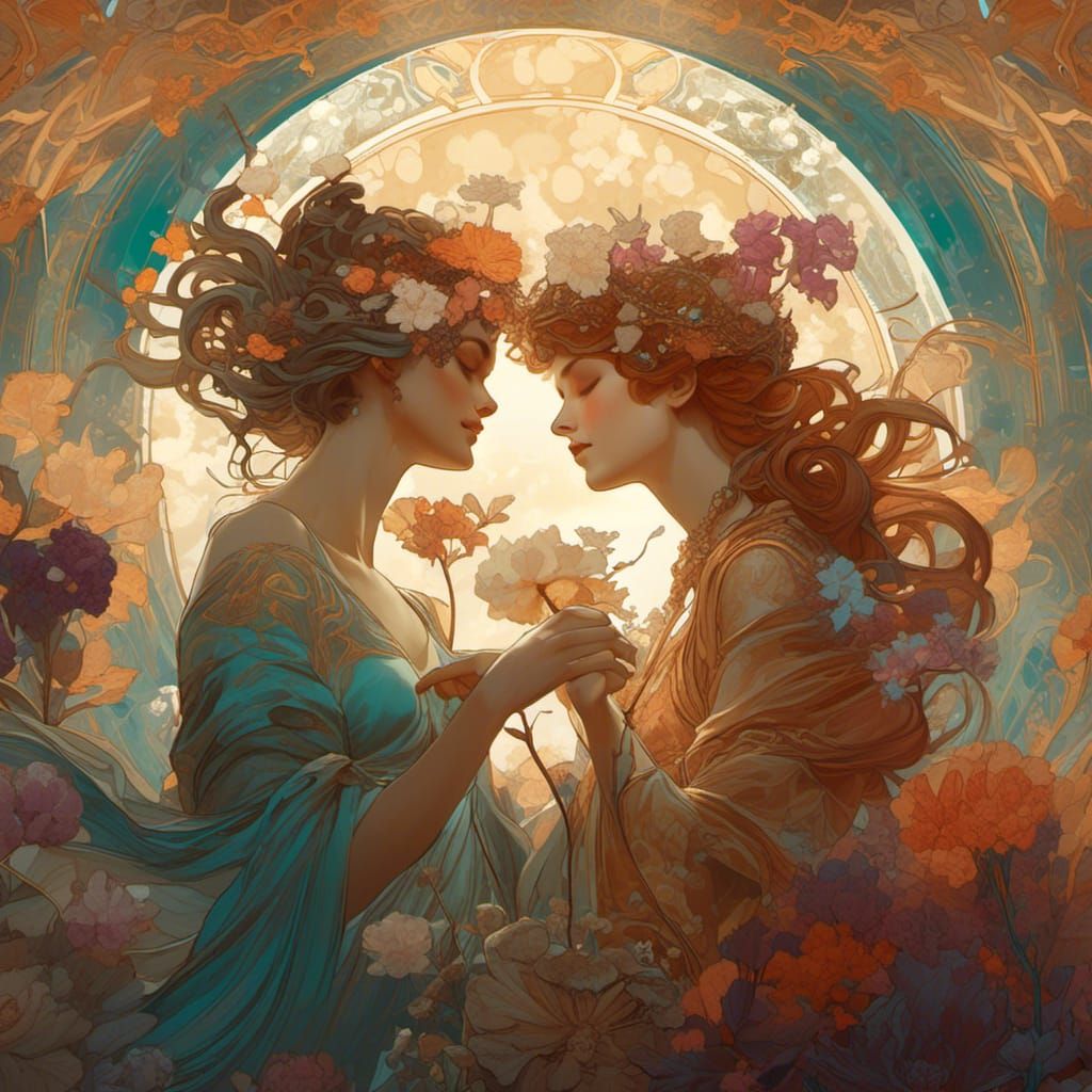 <lora:NC Hyperreal:1.0> Mucha-esque sapphic love   by @undefined