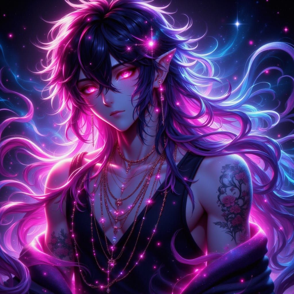 <lora:Boing:1.0> boing, dark anime, oil painting effects, vibrant male, glowing effects, pretty male, celestial themed,