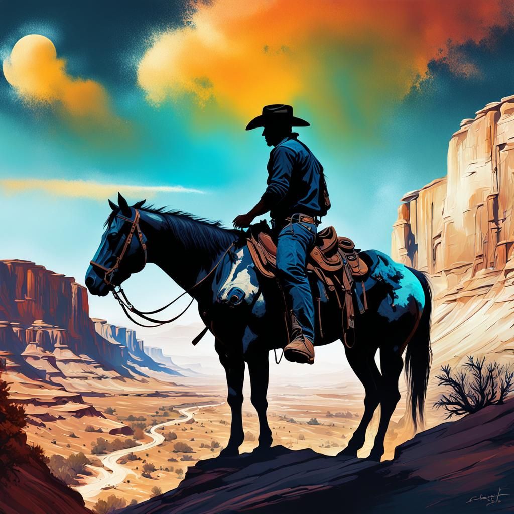 a cowboys profile silhouette with a desert canyon