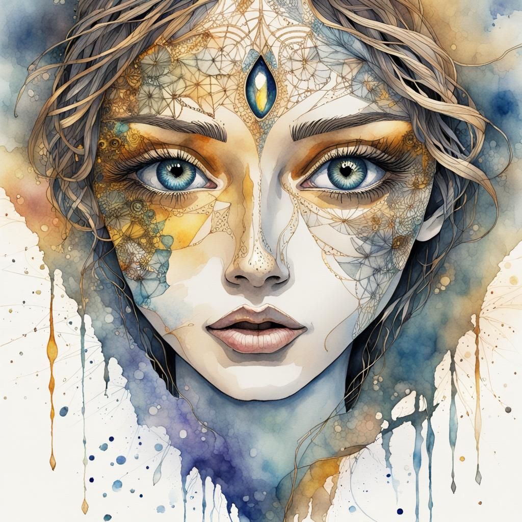 “Broken mirror face. Beautiful Perfect eyes. Surreal watercolor ink
