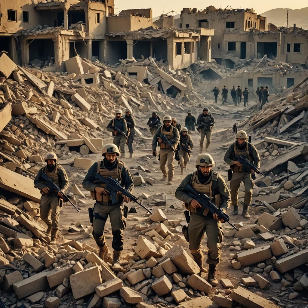 Hezbollah Militiamen in War-Torn Landscape