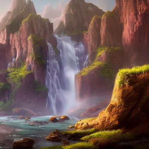 Mountains with a large waterfall - AI Generated Artwork - NightCafe Creator