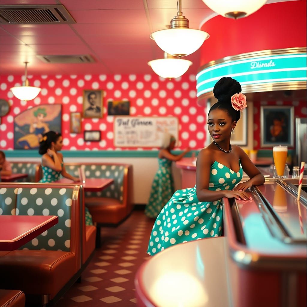 A retro 1950s diner, but everything is covered in polka dots. The waitresses wear polka dot dresses, ...  by @Queendom Hearts
