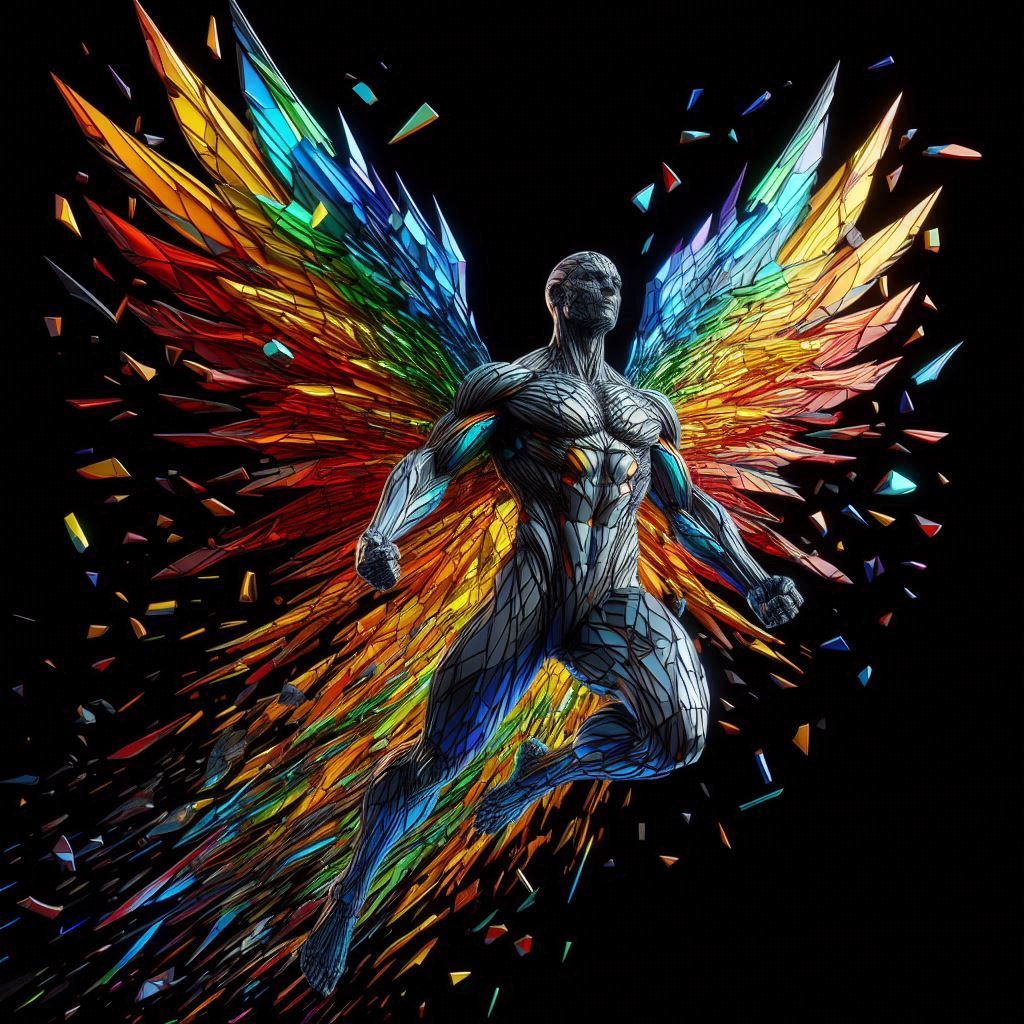 Flying Rainbow winged Angel geometric shattering glass human...