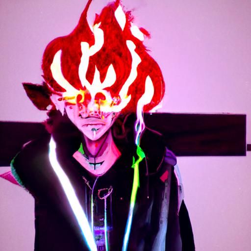 Satan in human form with flames around him and a scar over h...