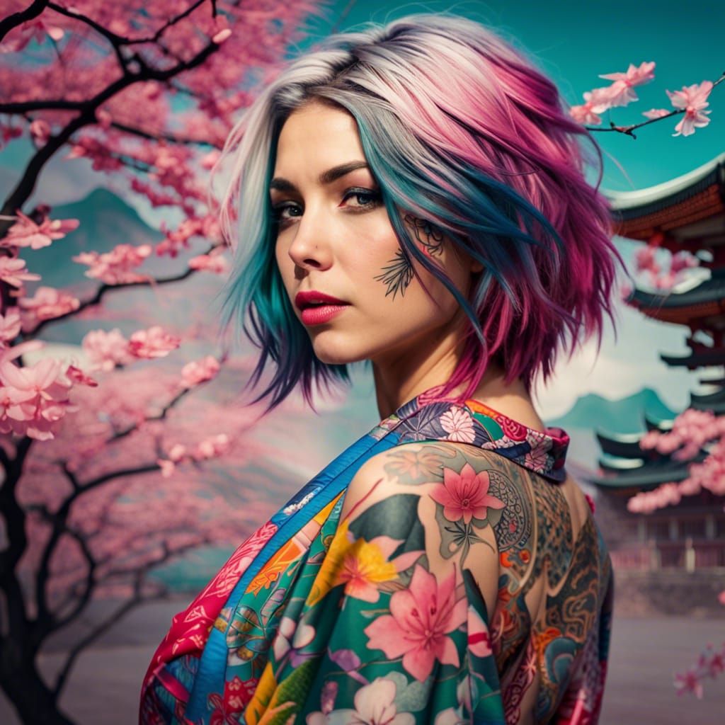 A colorful tattooed girl with a colorful kimono