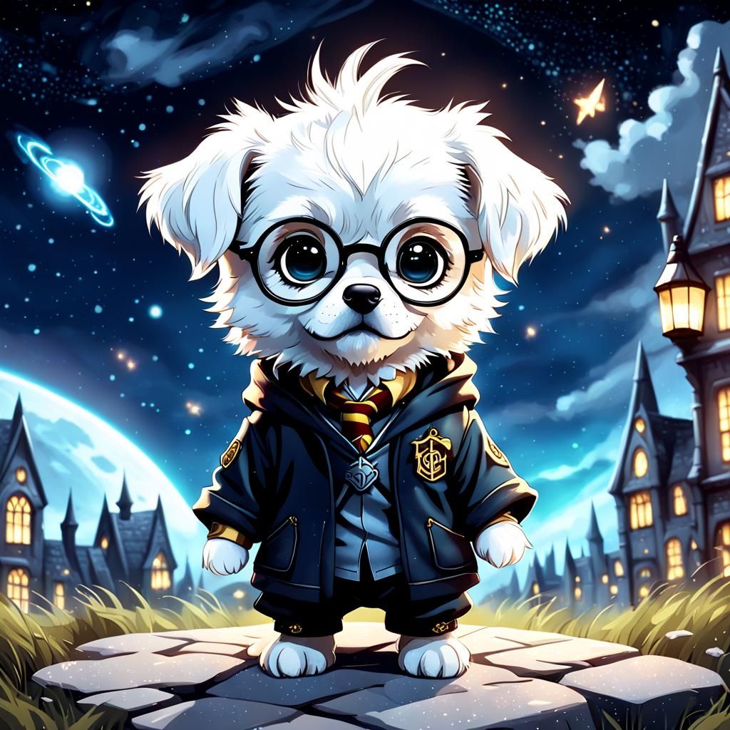 Unique composition of a adorable chibi nerd puppy as Harry P...