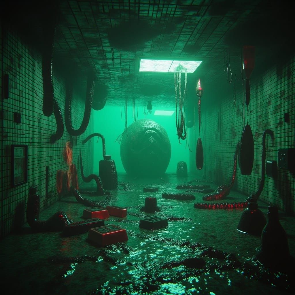 <lora:Submechanophobia v2:1.0>
80s horror movie scene: Submechanophobia aesthetic, Liminal underwater research center