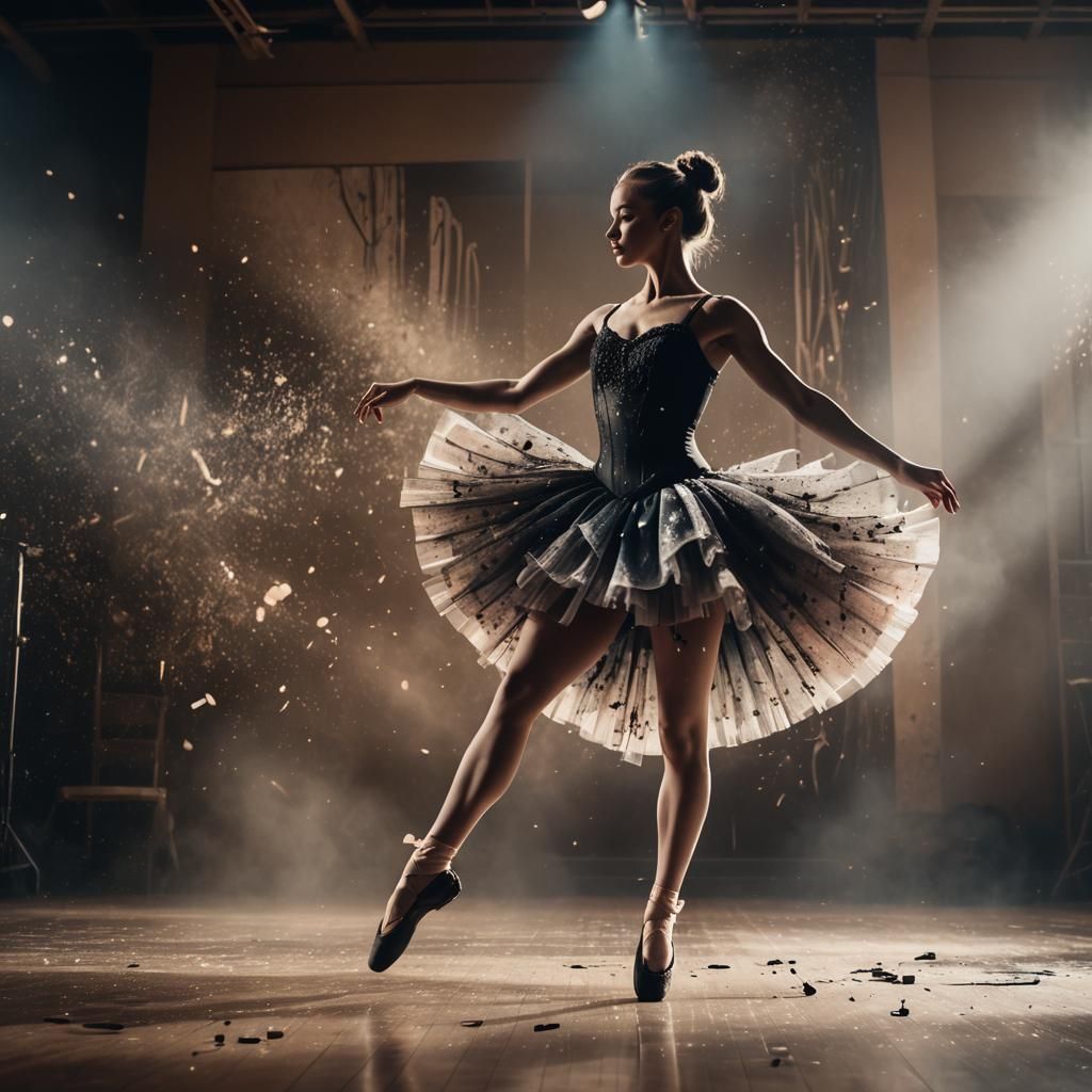 Ballerina with Ink Splatter Tutu in Cinematic Lighting