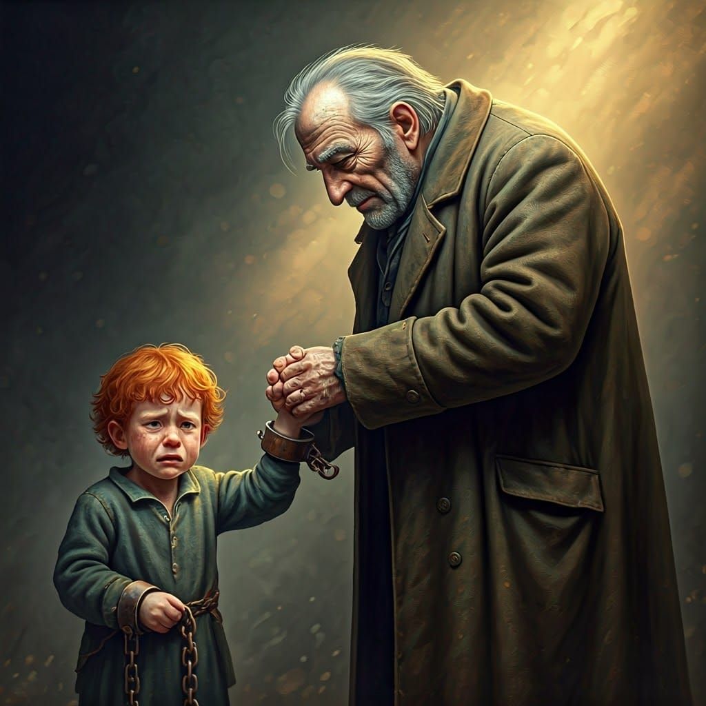 Elderly Man Comforts Weeping Child in Haunting Fantasy Scene