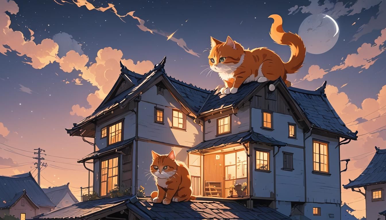cute  orange cat on house .and Shadow figure, Double exposur...