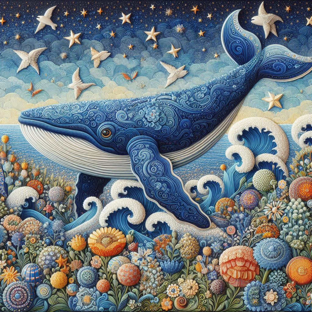 Blue whale sitting on top of a field of flowers, a detailed painting, naïve art, paper quilling, baroque painting. star lit sky, closeup sho...