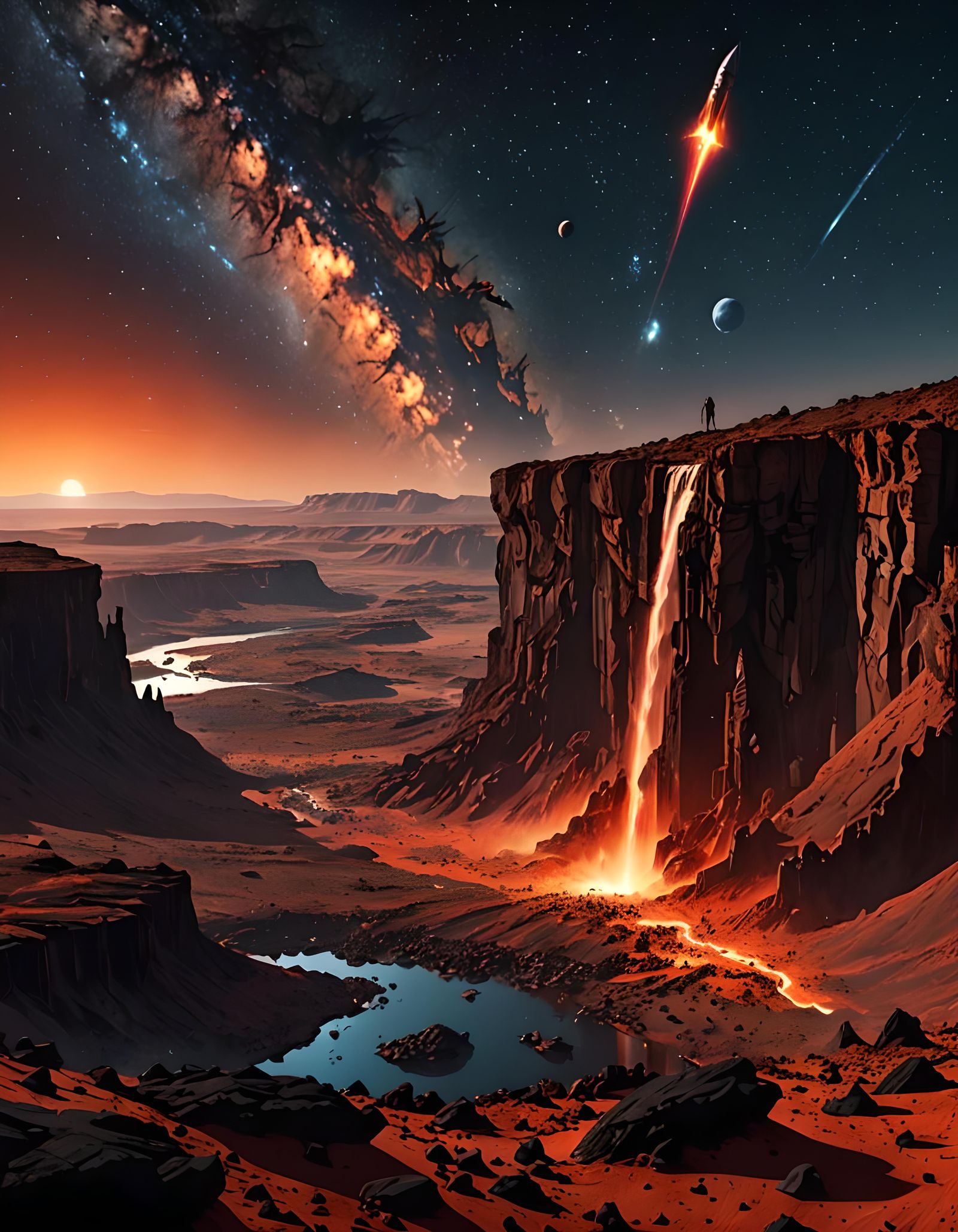 Futuristic scene of a spaceship approaching in low flight an exaggeratedly high cliff on an arid red ...  by @Eduardo