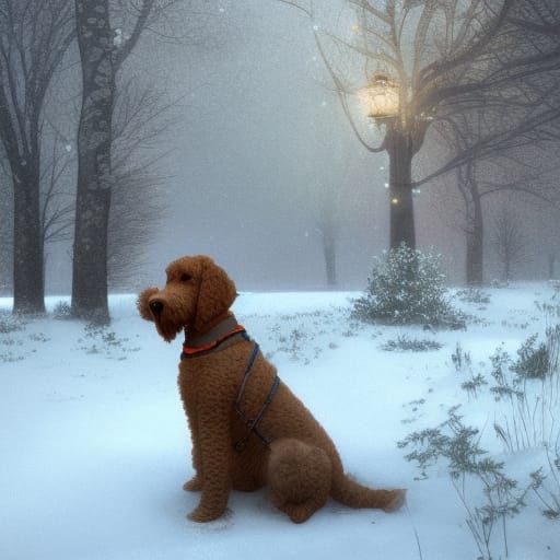 golden doodle playing in the snow