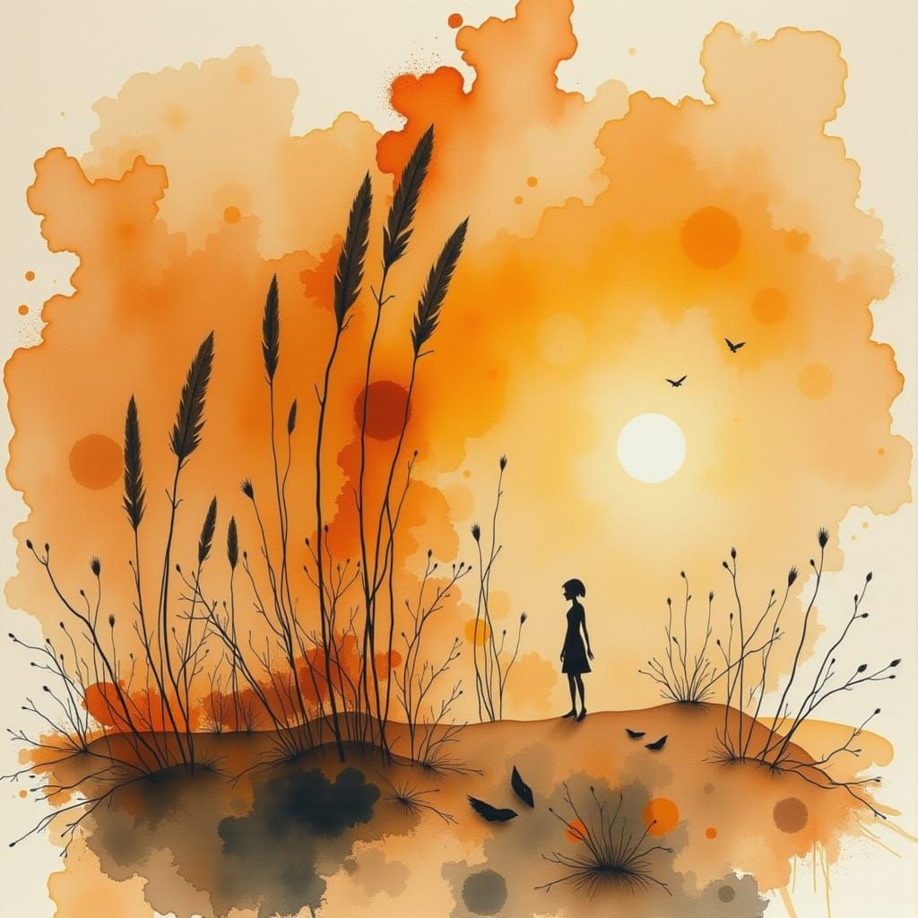 Watercolour Art. Close-up. Chaotic <lora:Whimsical figures:1.0> beauty.  Soft, warm light peeking through misty veil. Vibrant, yet serene. ...