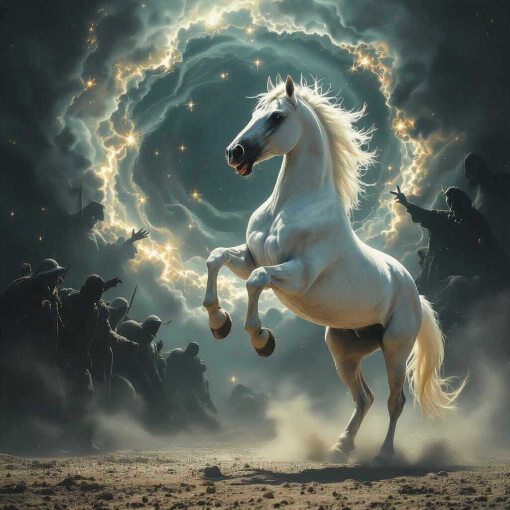 White Horse Battles Shadowy Void in Double Exposure