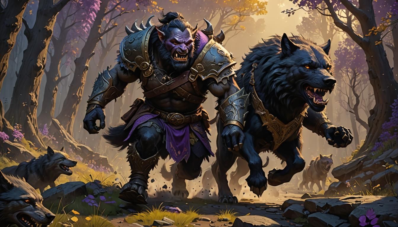 An orc runs on the back of a black wolf.